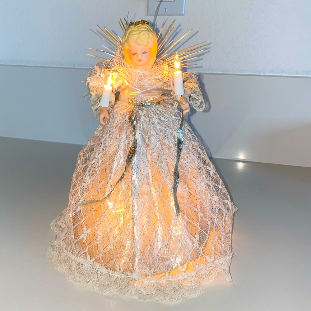 Vintage Christmas Holiday Angel Tree Topper Table Decor Light Silver 10 in Tall